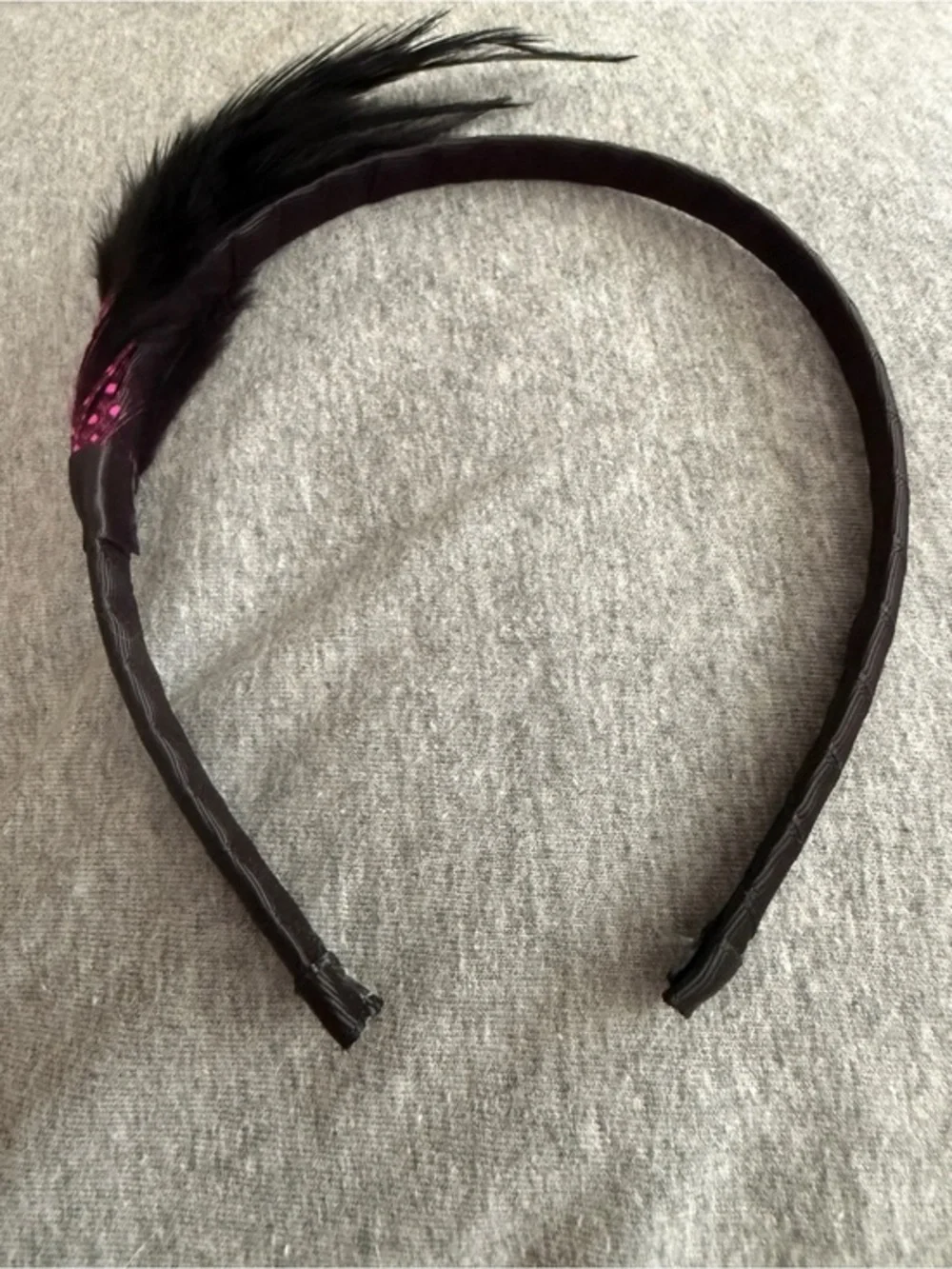 Black Feather Accent Headband with Pink Detail